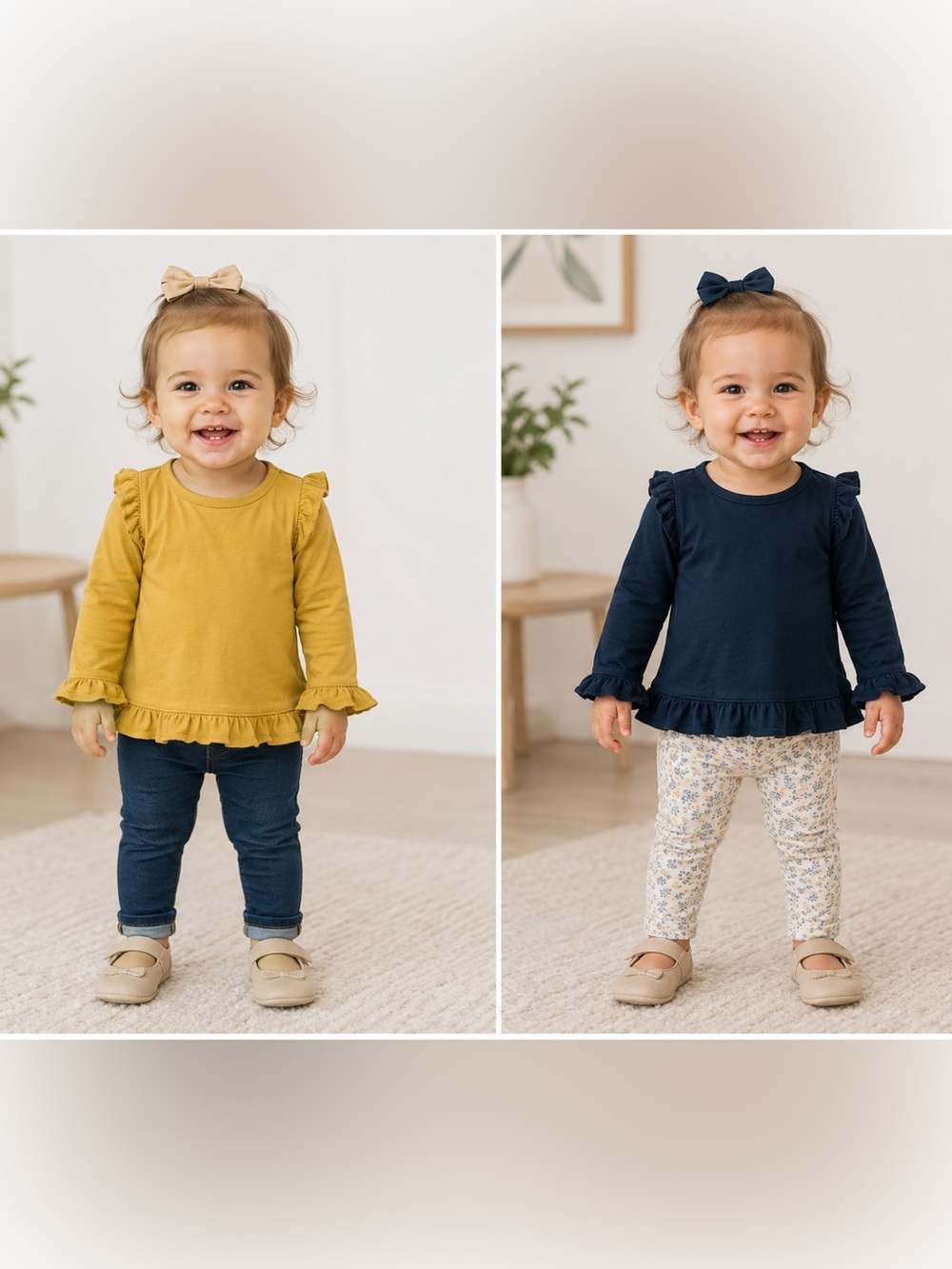 2-Pack Ruffle Hem Long-Sleeve Tops - Mustard & Navy
